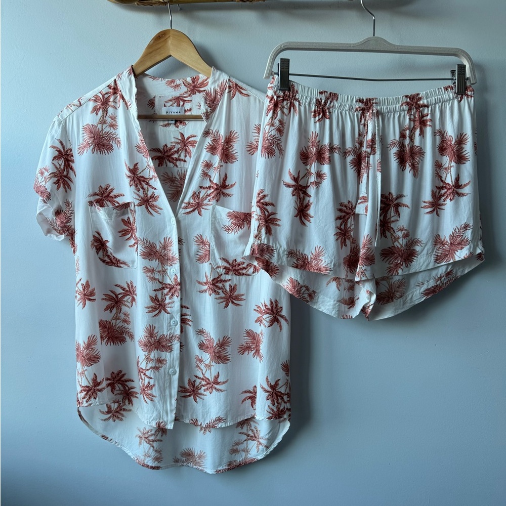 Women's Cream Short-Sleeve Pajama Set with Rust Floral Print